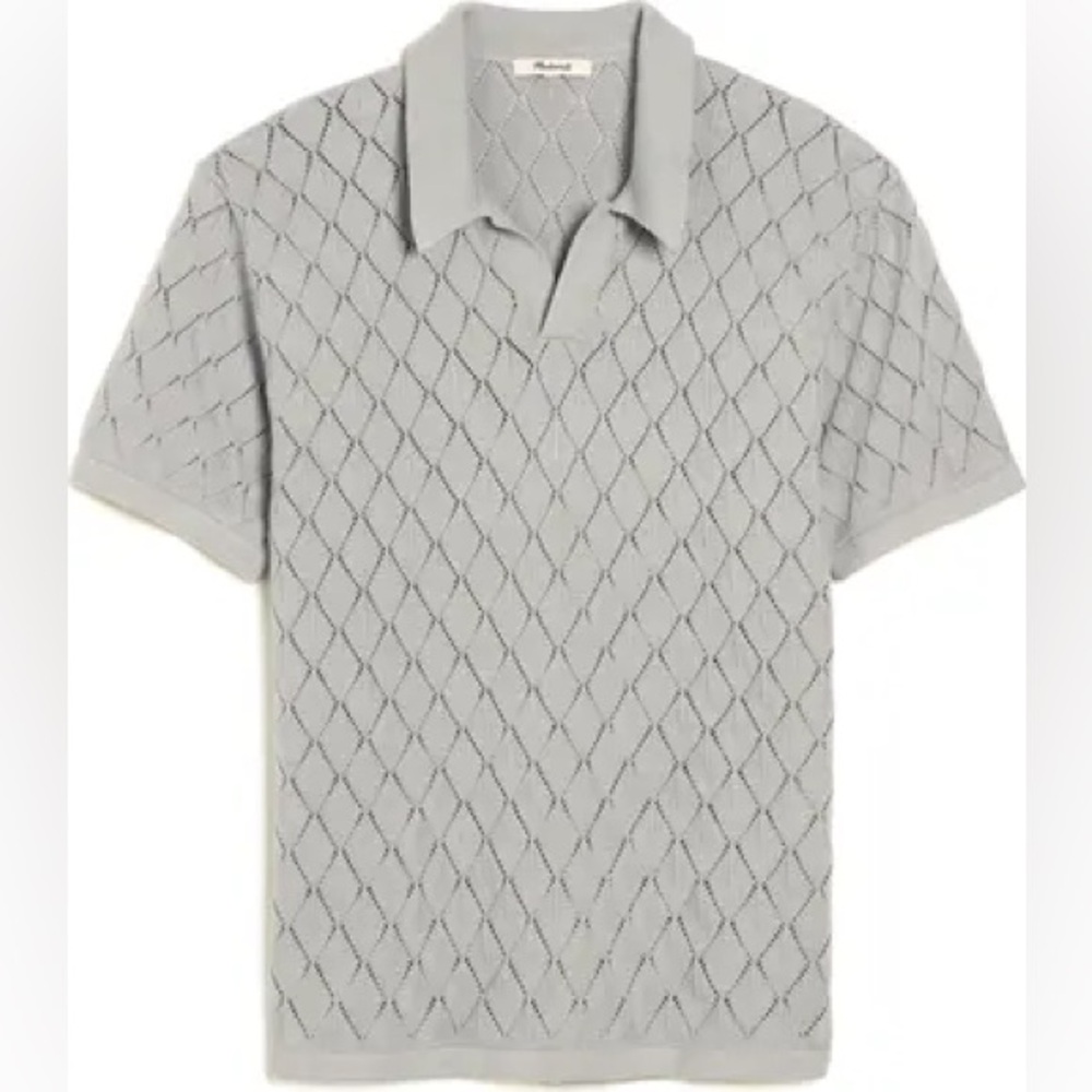 Madewell Men’s Gray Diamond Stitch Johnny Collar Polo Short Sleeve Sweater-Small